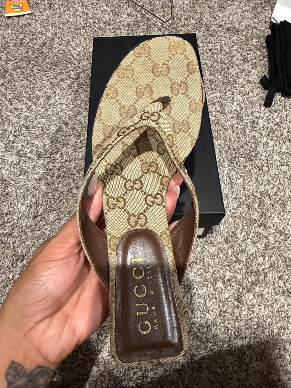 Gucci Beige Brown GG Canvas Thong Sandals